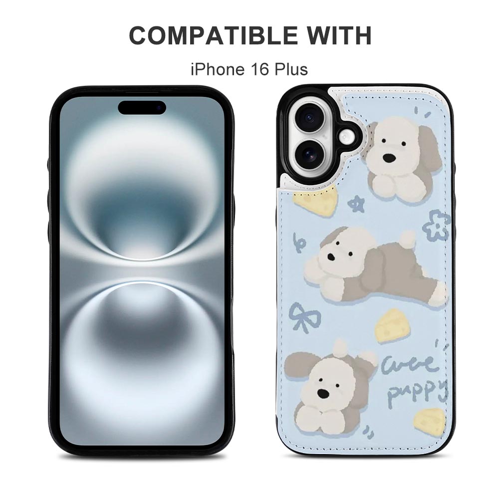 iPhone 16 Plus case with cute cartoon puppy design, card slot, and shockproof protection