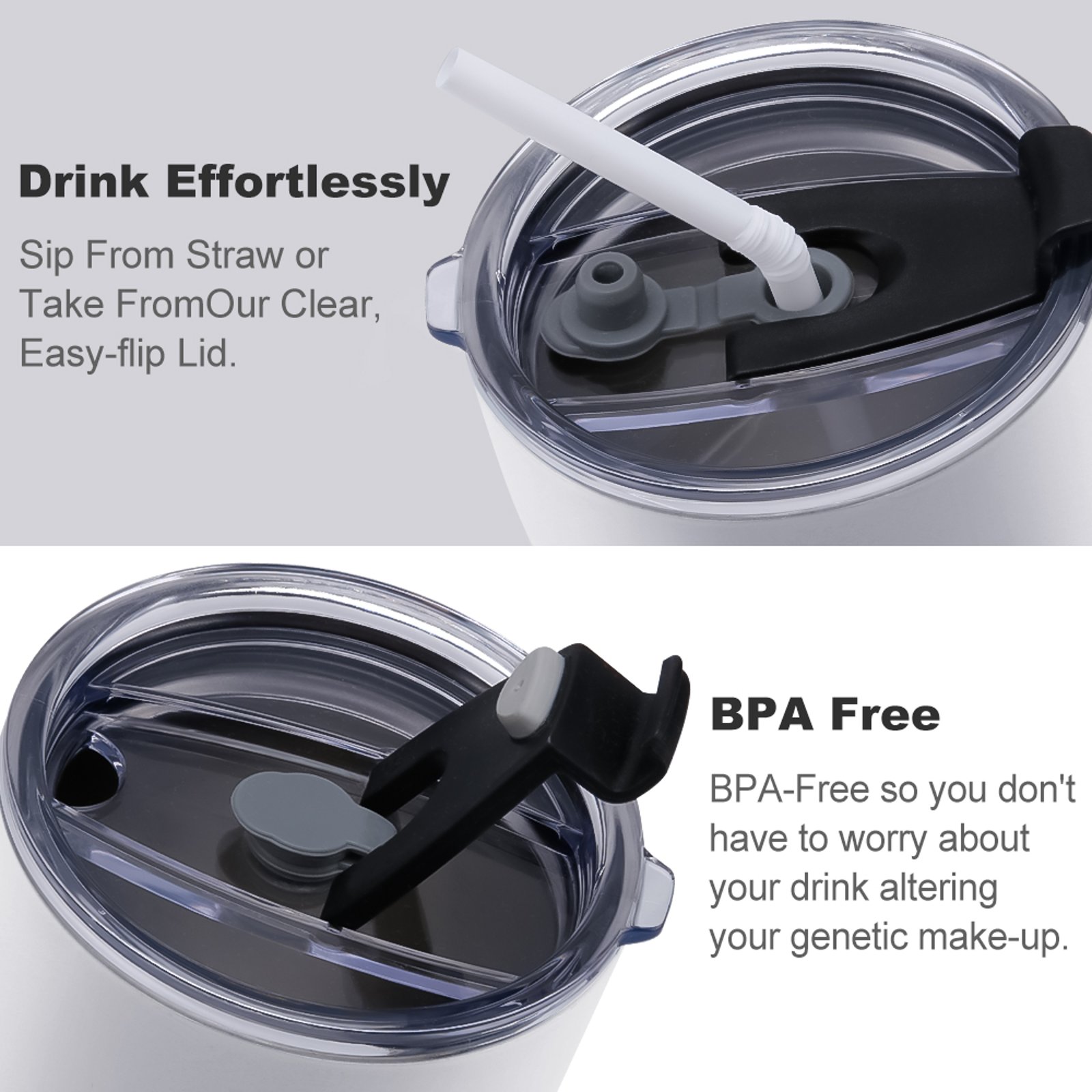 20oz Stainless Steel Travel Mug lid detail, BPA free, easy to clean, and effortless drinking experience.
