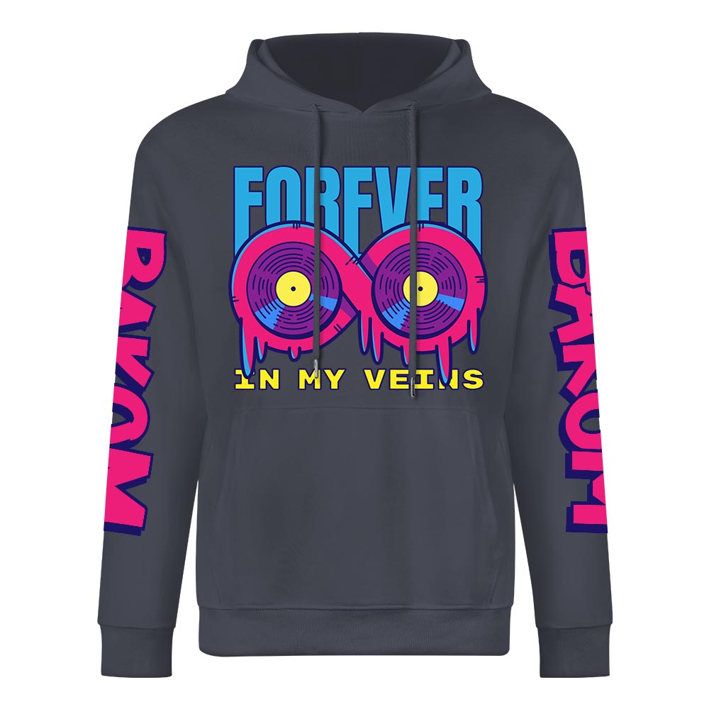 Dark grey cotton 'FOREVER' hoodie with vinyl graphic and DAKUM sleeve prints, youth fashion style.