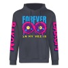 Dark grey cotton 'FOREVER' hoodie with vinyl graphic and DAKUM sleeve prints, youth fashion style.