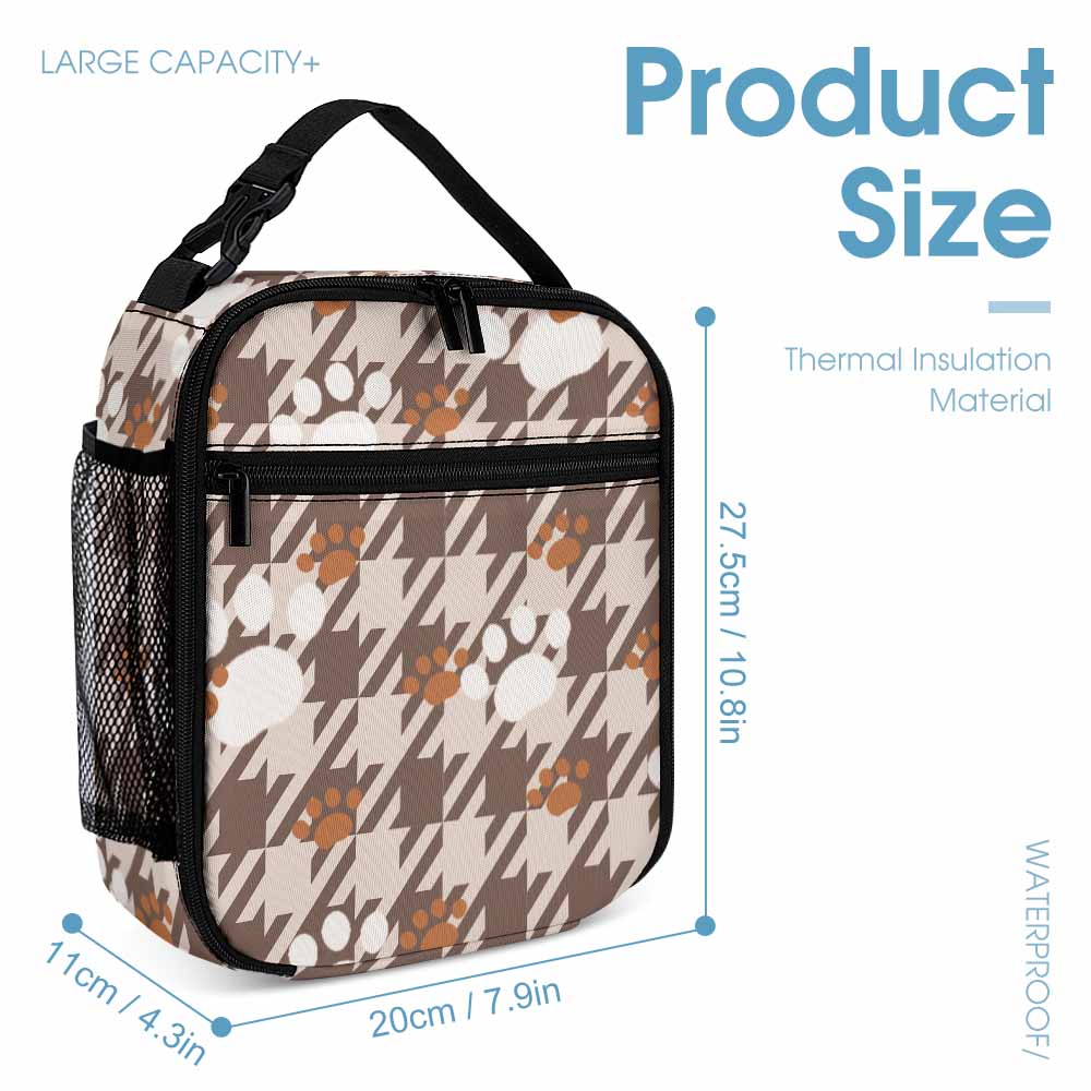 Lunch bag with plaid pattern, side mesh pocket, and product size information: 22.5cm x 20cm x 11cm