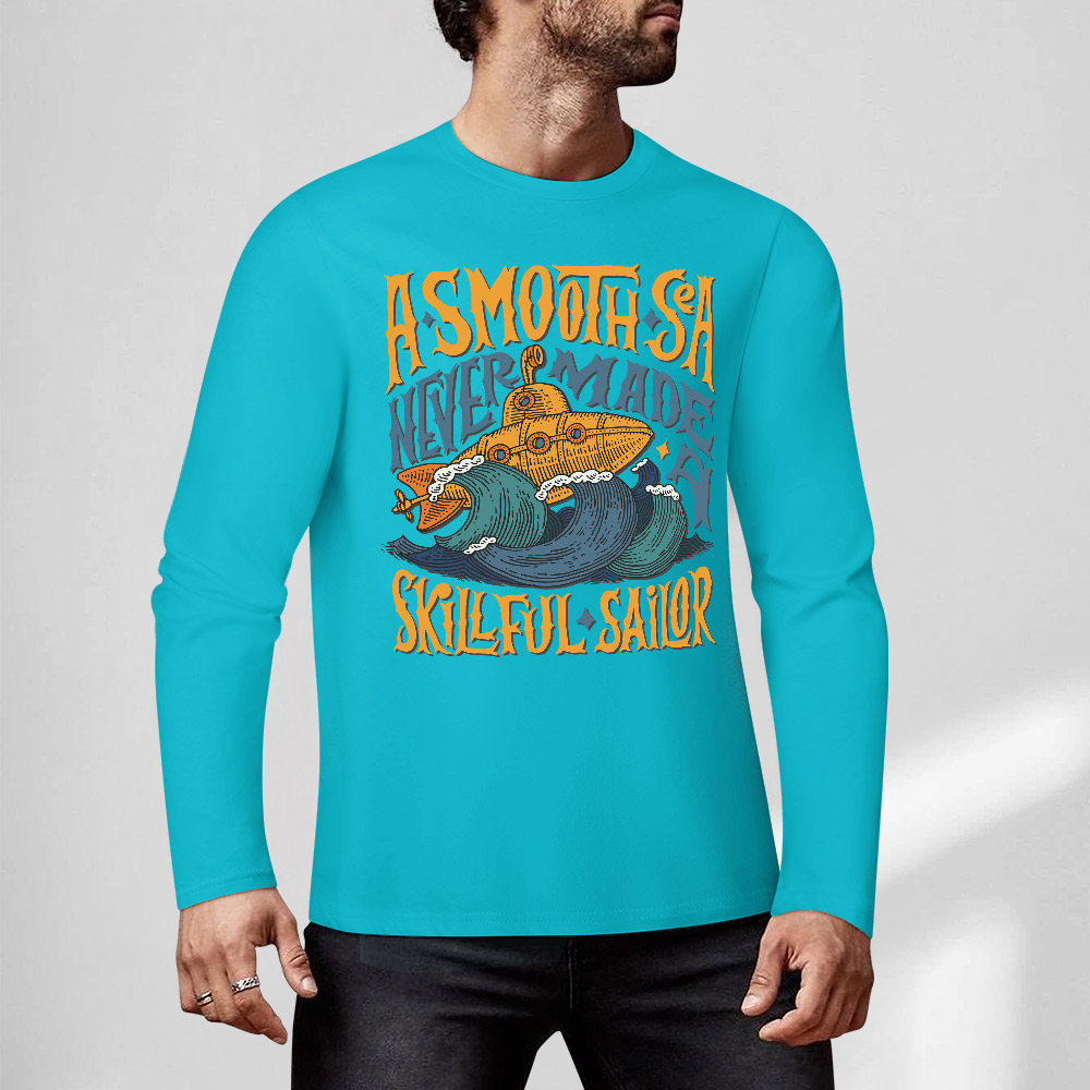 Turquoise cotton long sleeve tee with shark graphic, 'ASMOOTH ARE MADE OF SOULFULLY', casual wear.