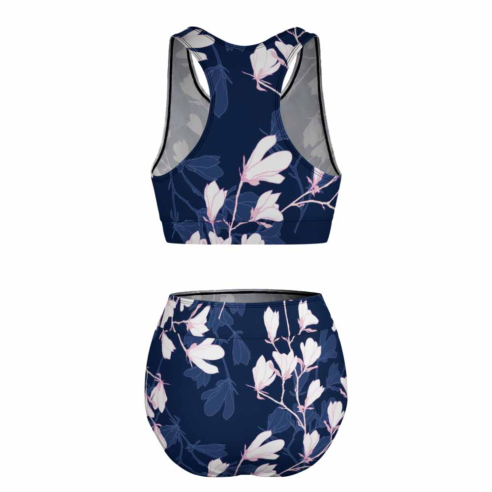 Navy floral high-waisted bikini swimsuit, perfect for summer beach days. Two-piece swimwear.