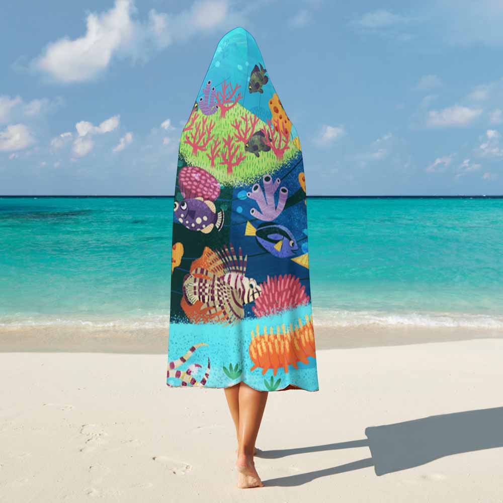 Arctic Velvet Cloak Hooded Blanket with underwater coral design, perfect for cozy lounging.