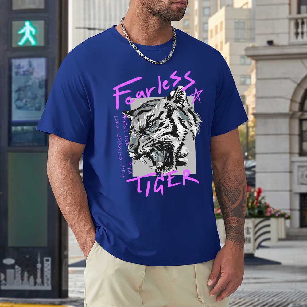 Blue cotton men's Fearless Tiger graphic T-shirt, front view