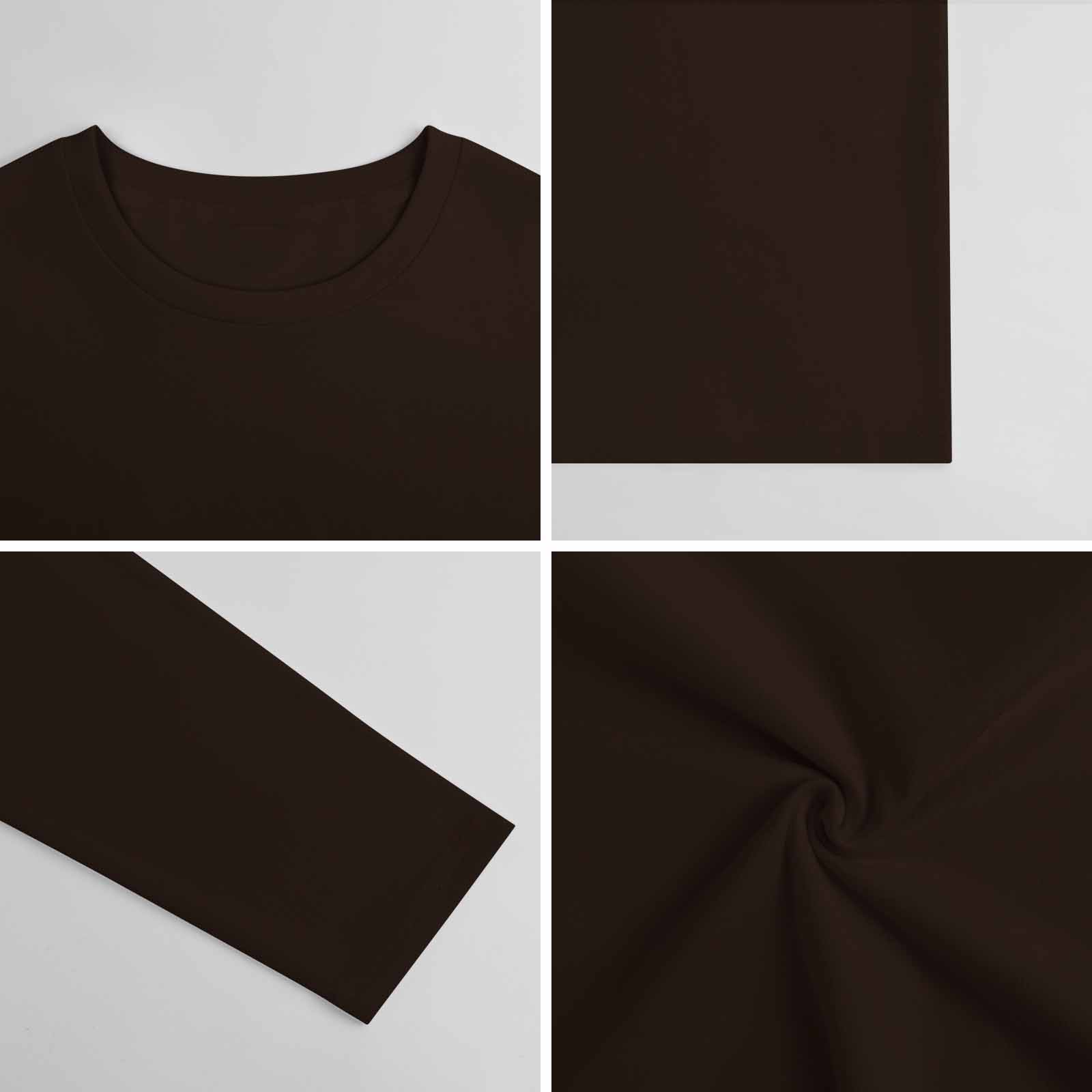 Dark brown pure cotton long-sleeved T-shirt, fabric detail, casual wear.