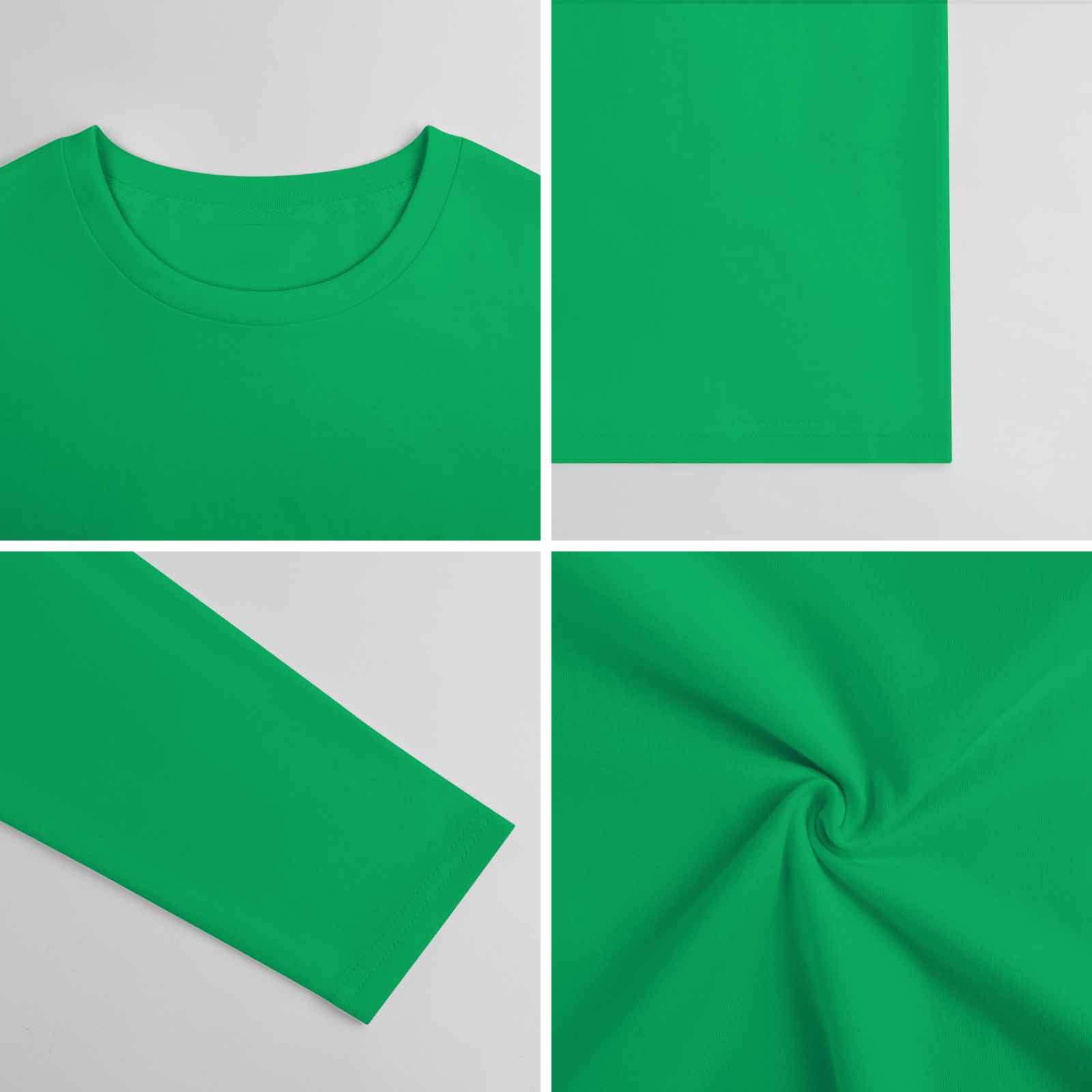 Green pure cotton long sleeve T-shirt, fabric detail, casual wear. Showing fabric texture and collar detail.