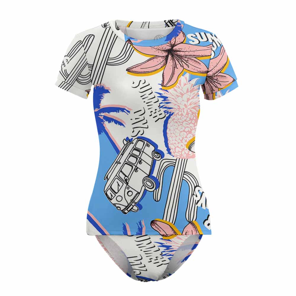 Short sleeve floral two-piece bikini swimsuit, polyester-spandex blend, Inkedjoy summer beachwear