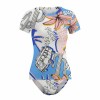 Short sleeve floral two-piece bikini swimsuit, polyester-spandex blend, Inkedjoy summer beachwear