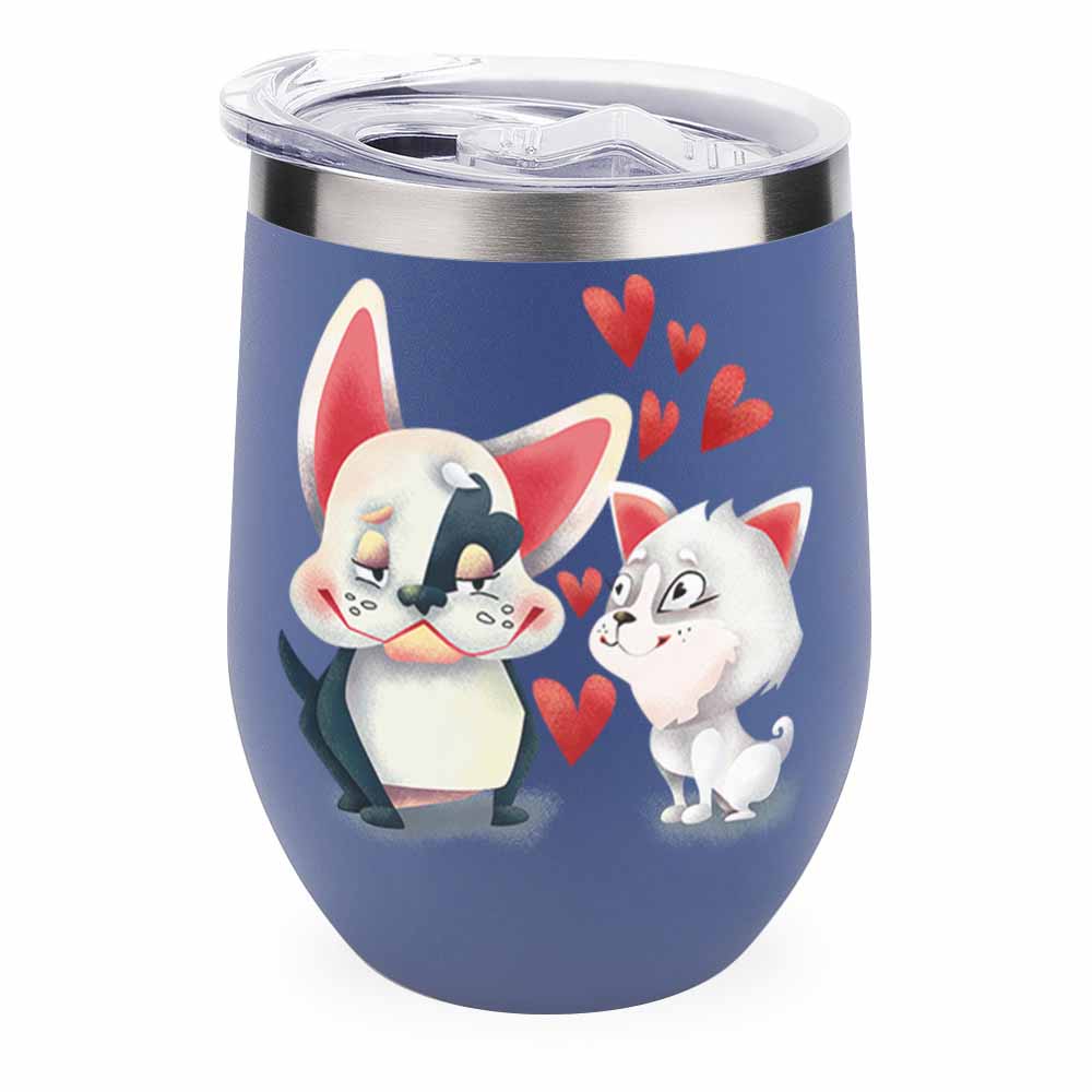 Stainless steel insulated cup with cartoon cat and panda design, featuring hearts, blue color, spill-proof lid.