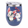 Stainless steel insulated cup with cartoon cat and panda design, featuring hearts, blue color, spill-proof lid.