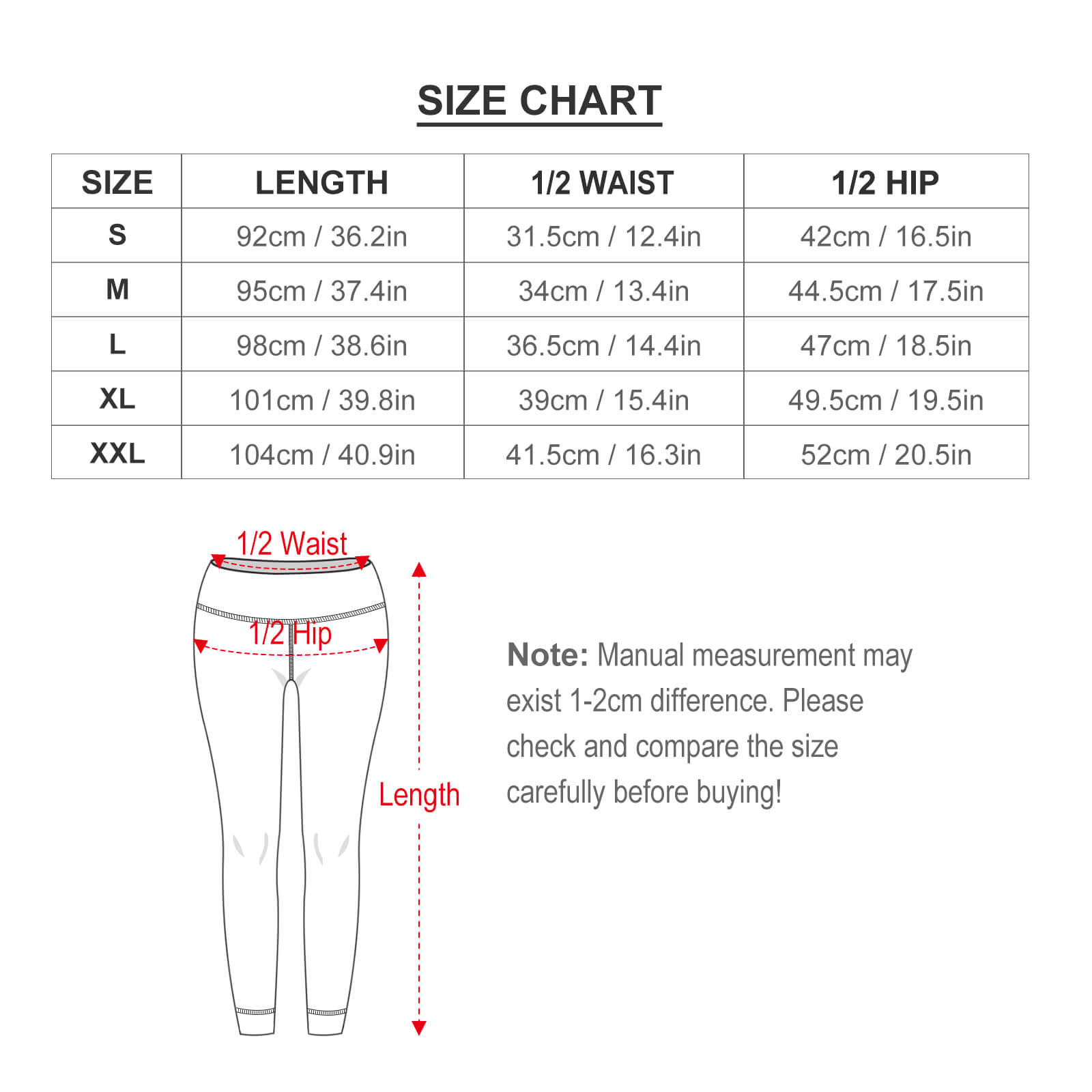Women's Comfort Sports Yoga Pants Size Chart with measurements for length, waist and hip.