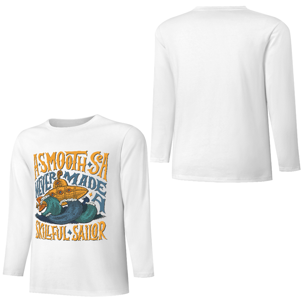 White pure cotton long sleeve T-shirt featuring a graphic design with text for casual wear.