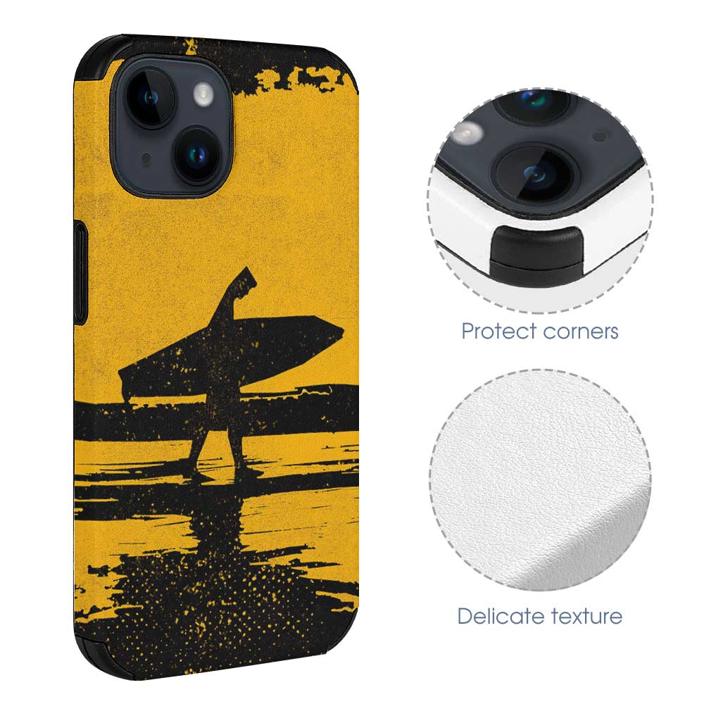 iPhone 14 fiber skin case with surfer silhouette and yellow sunset background