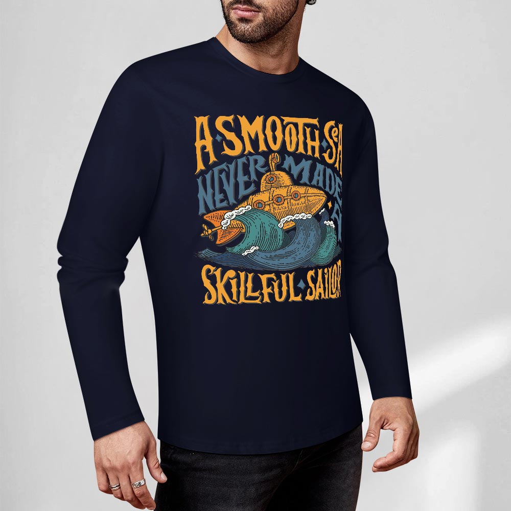Dark blue pure cotton long sleeve T-shirt featuring 'ASMOOTH ARE MADE OF SOULFULLY' graphic, casual wear.