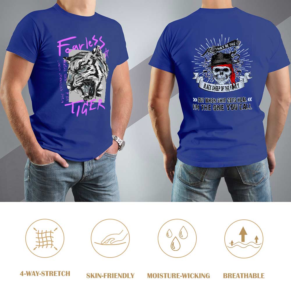 Blue cotton Fearless Tiger graphic tee, front and back view, collection