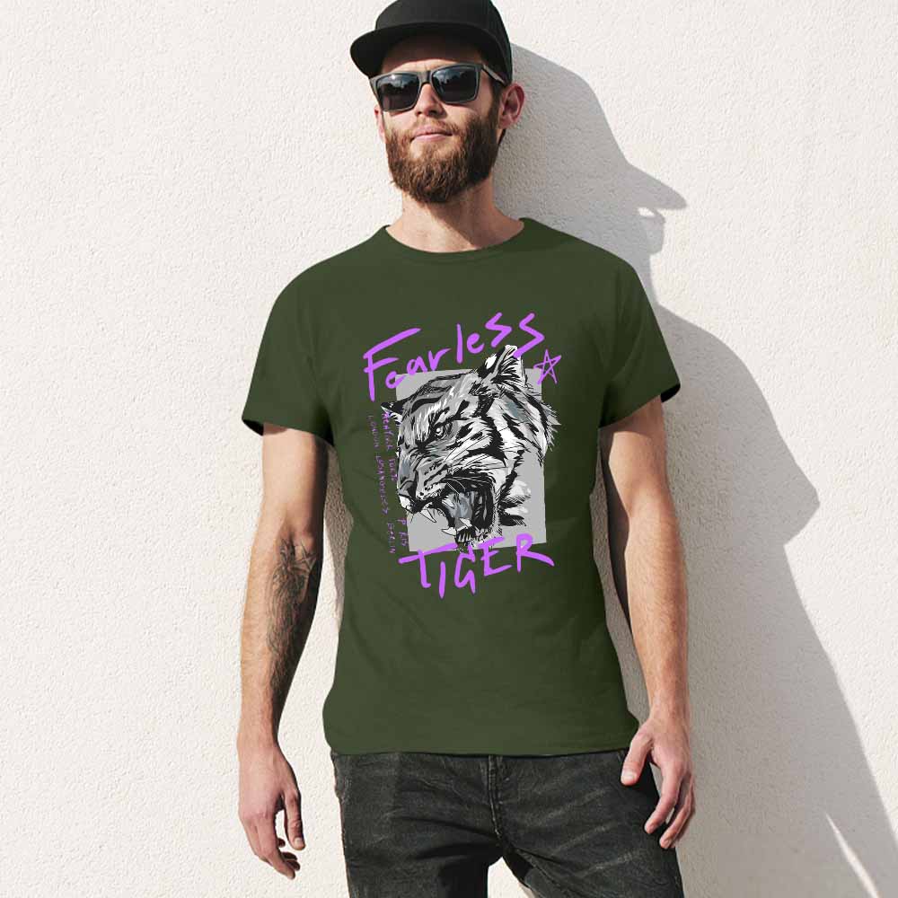 Men's dark green Fearless Tiger graphic tee, 100% cotton