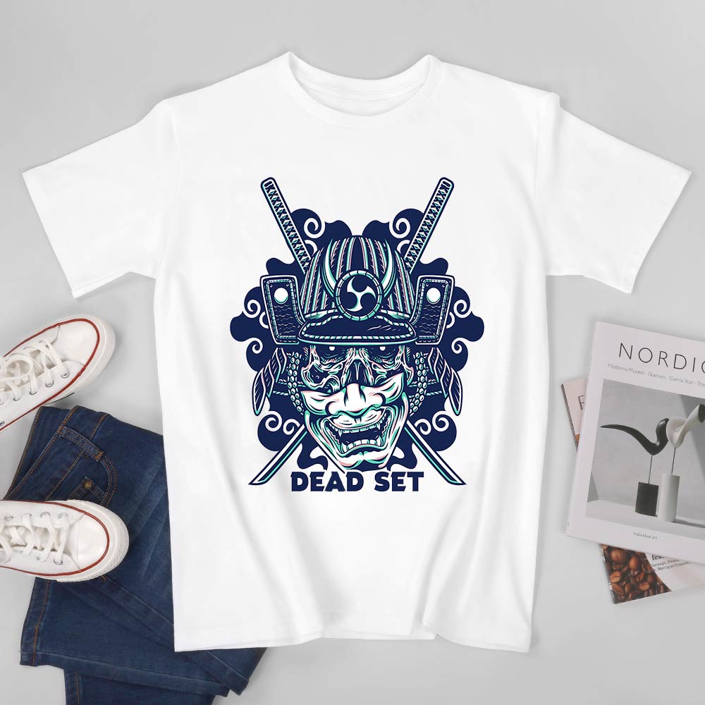 White cotton men's t-shirt with blue samurai skull design and "DEAD SET" text, perfect for events and leisure.