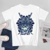 White cotton men's t-shirt with blue samurai skull design and "DEAD SET" text, perfect for events and leisure.