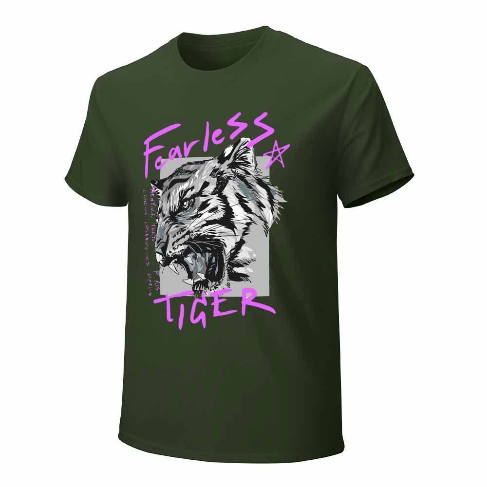 Men's Dark Green Fearless Tiger graphic tee, 100% cotton, collection.