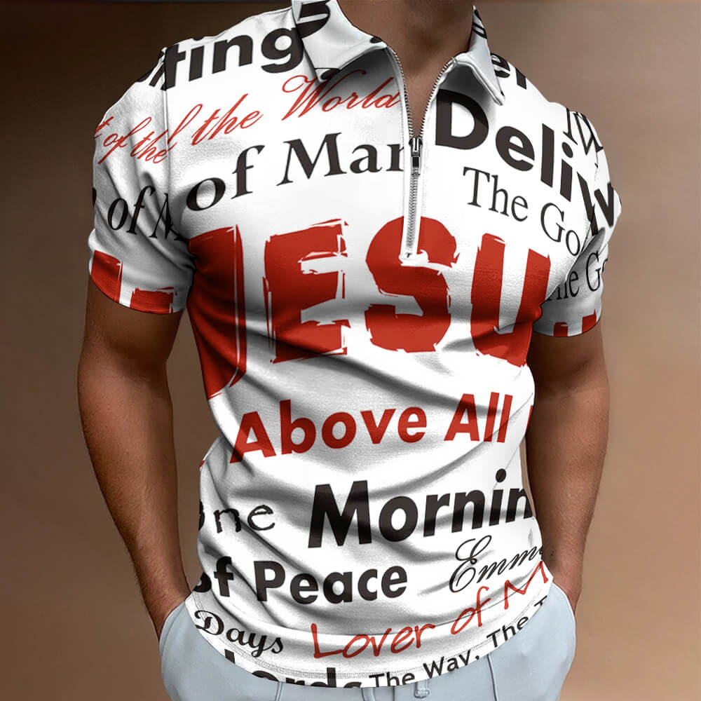 Short sleeve polo shirt with JESUS and inspirational text print, white and red color, casual wear