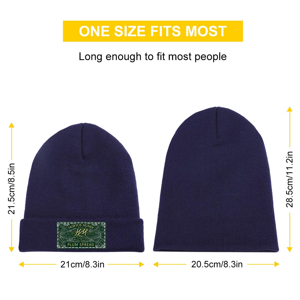 Navy blue knitted cap, dimensions and size guide, suitable for winter wear.