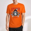 Orange cotton T-shirt with "AMERICAN LEGEND" gorilla print, summer fashion.