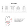 Size chart for Cute Suspender Two Piece Bikini Swimsuit, showing measurements and diagrams.