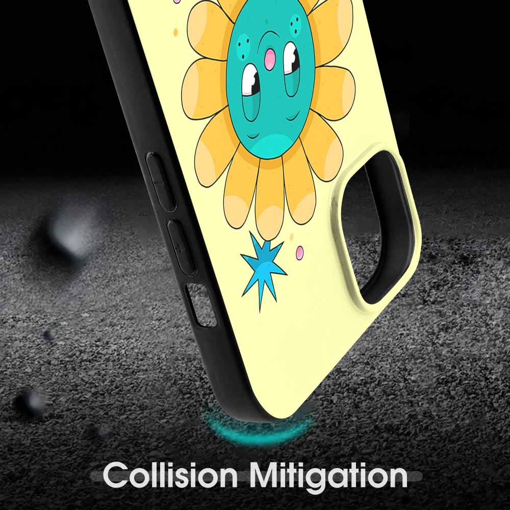 iPhone 15 case with cartoon sunflower design, TPU, shockproof, Collision Mitigation.