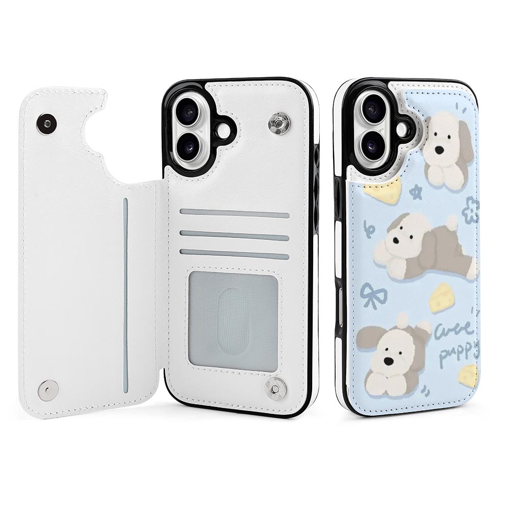 iPhone 16 case with card slot and cute cartoon design.
