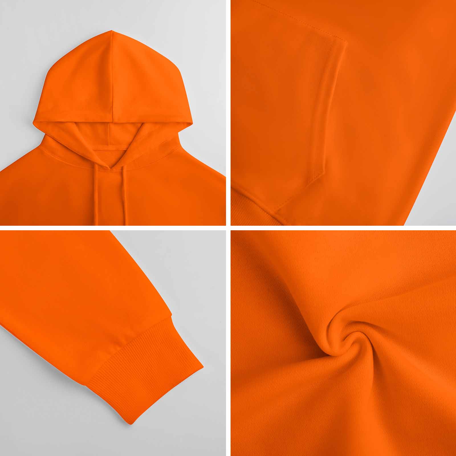 Pure cotton orange hoodie fabric details, breathable and comfortable.