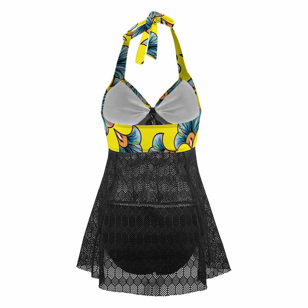 Yellow floral halter bikini swimsuit with black skirt, adjustable length, unwired cups for comfort and style.