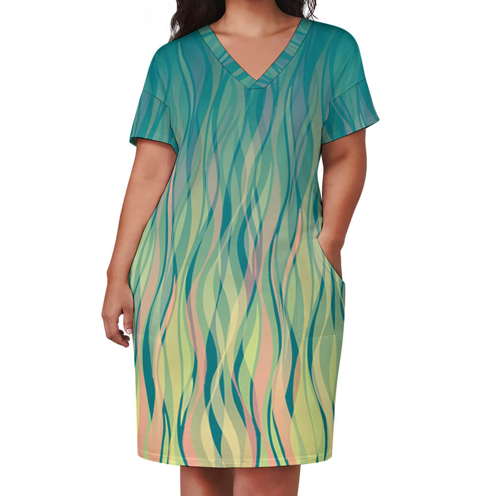 Loose pocket dress in imitation cotton, featuring a V-neck and unique patterned design.