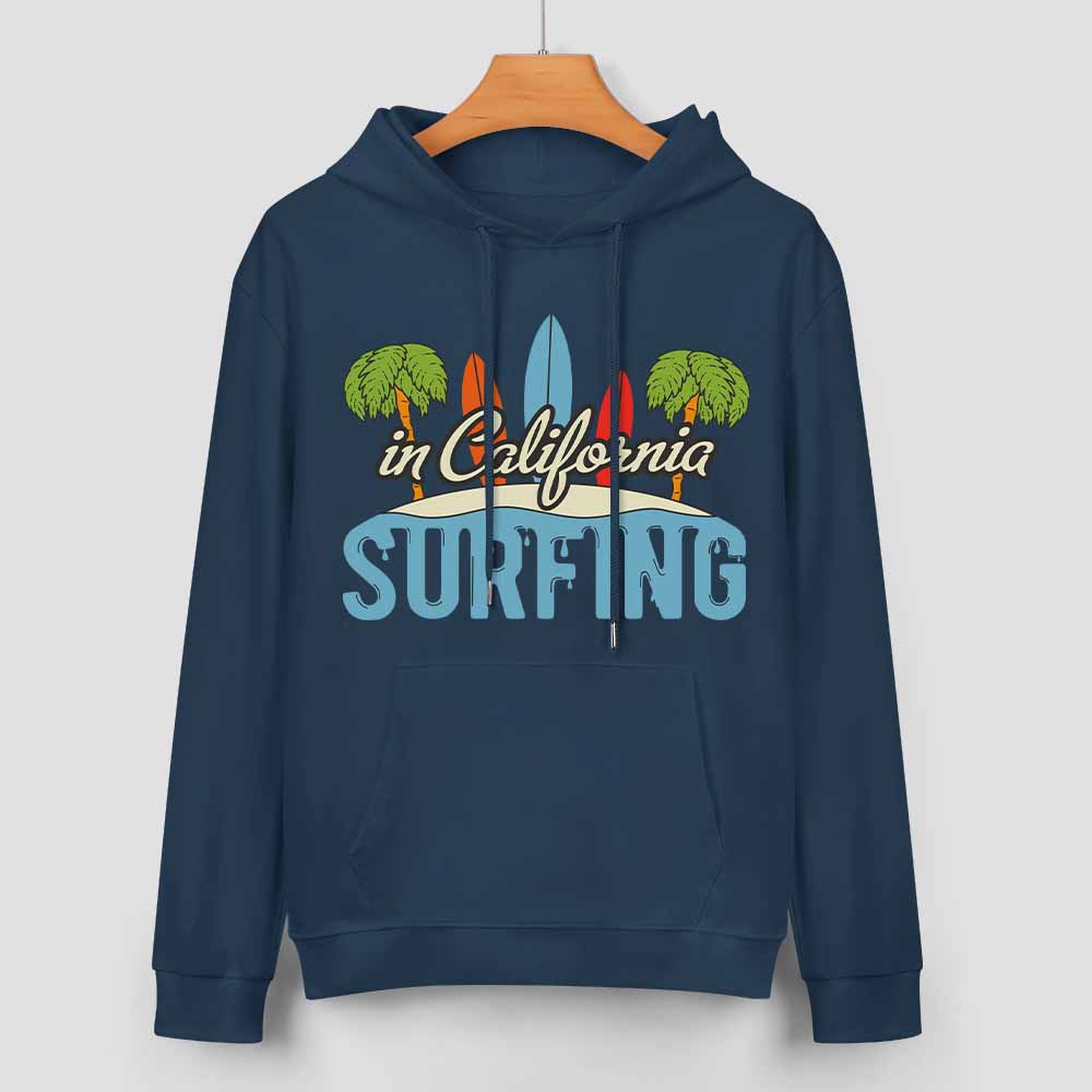 Navy blue cotton California Surfing hoodie, loose fit design, suitable for daily wear.