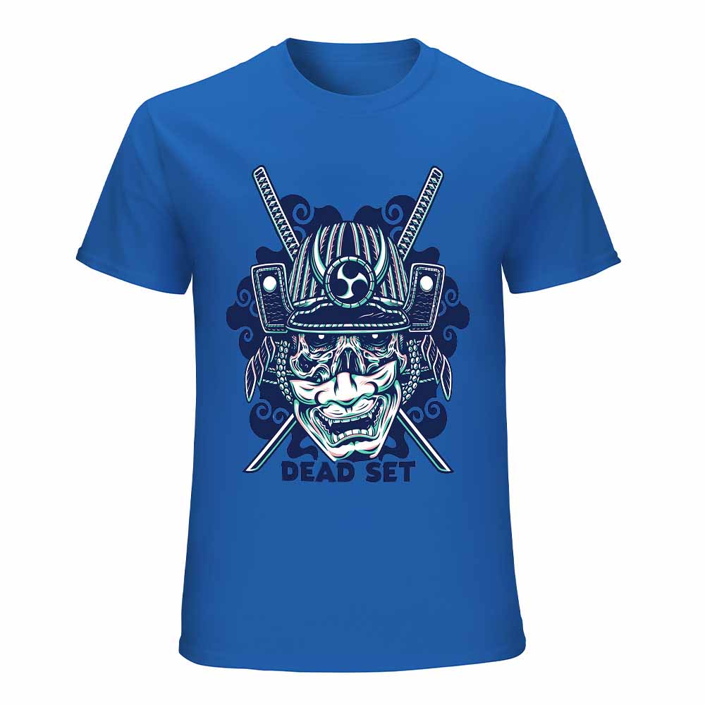 Blue cotton men's T-shirt with samurai skull design and "DEAD SET" text. Perfect for leisure and events.