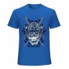 Blue cotton men's T-shirt with samurai skull design and "DEAD SET" text. Perfect for leisure and events.