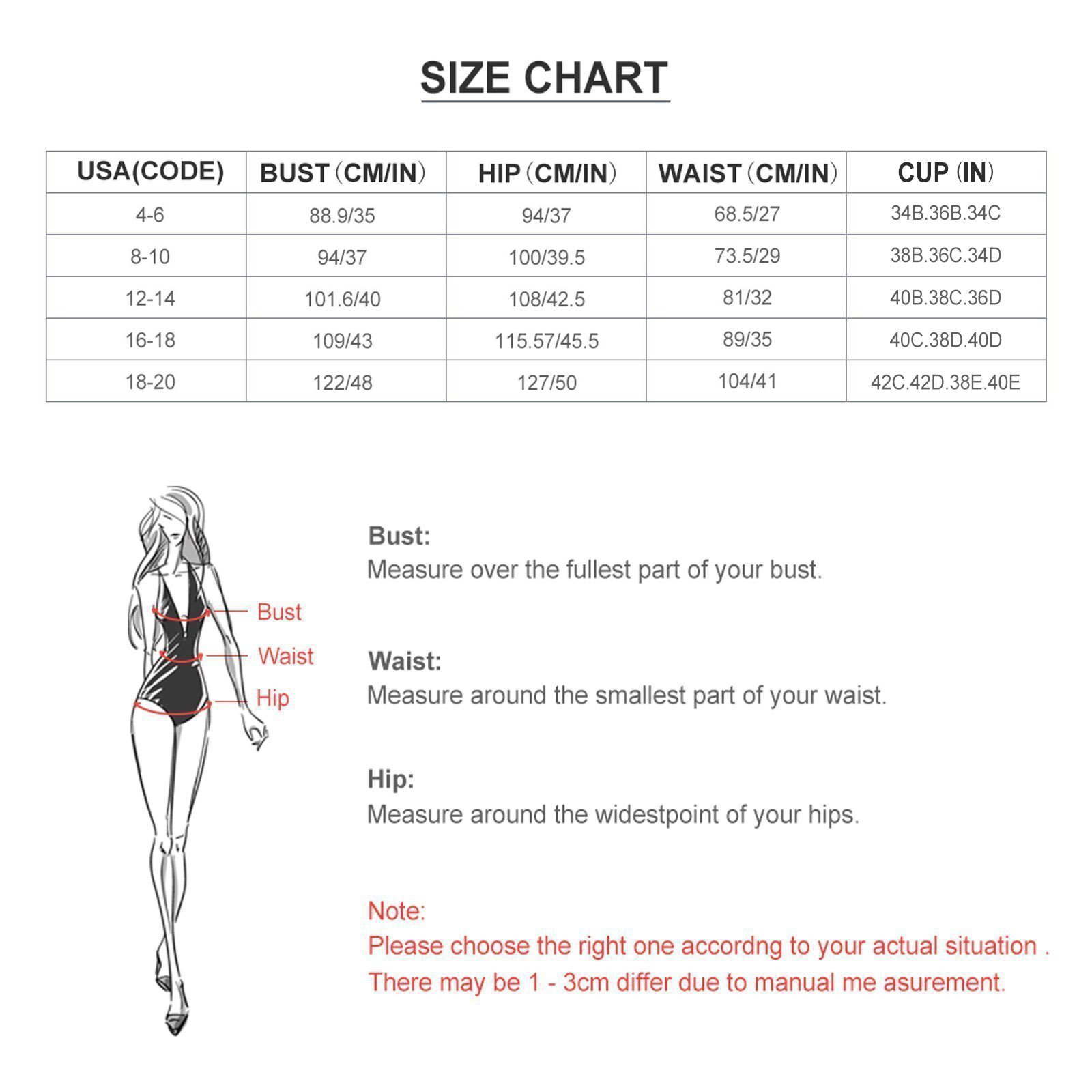 Size chart for Black Floral Halter One Piece Bikini Swimsuit, showing bust, waist, hip and cup sizes.