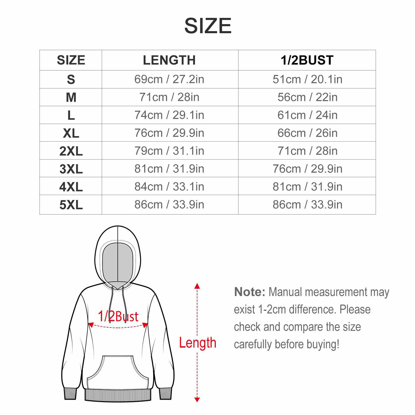 Size chart for cotton hoodie. Includes length and 1/2 bust measurements.
