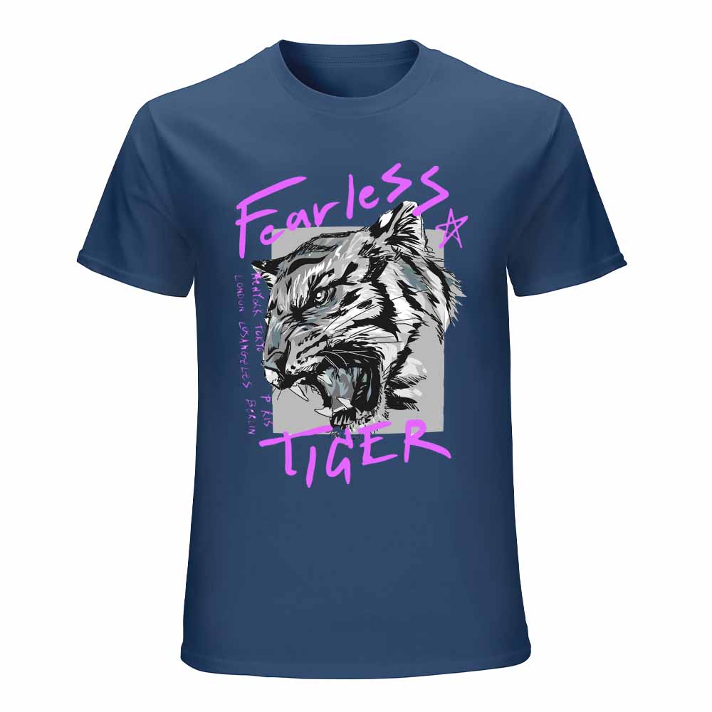 Men's dark blue 100% cotton 'Fearless Tiger' graphic tee, collection.