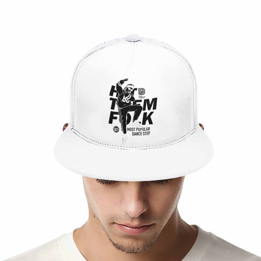 White flat brim baseball cap with graphic, polyester twill, breathable mesh, suitable for sports and outdoor wear