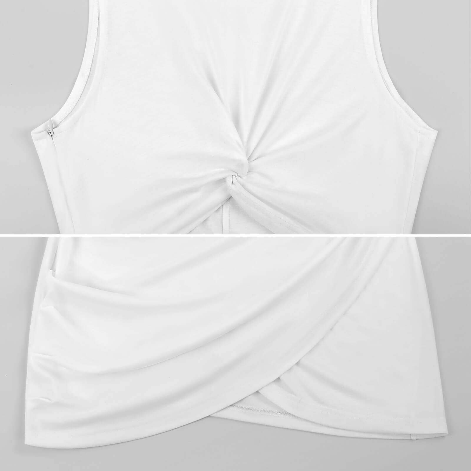 White knotted sleeveless top, perfect for summer fashion, polyester blend fabric.