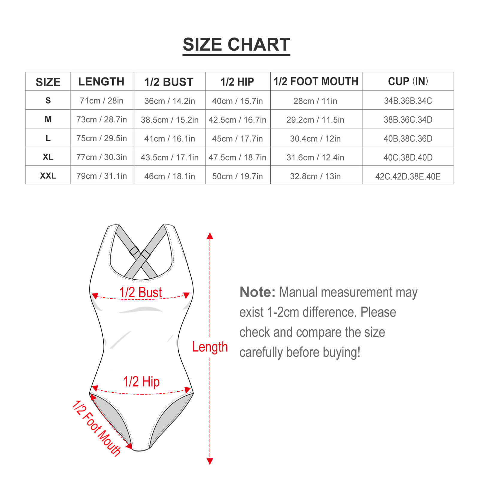 Size chart for floral print ladies one-piece swimsuit, including measurements for bust, waist, hip, and length.