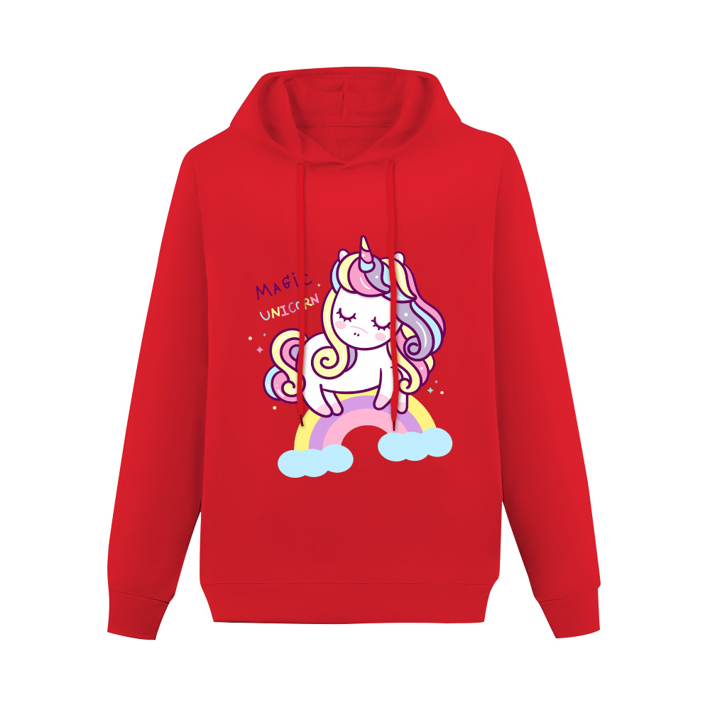 Women's red unicorn hoodie sweatshirt, cotton blend fleece, comfortable fit for spring and autumn.