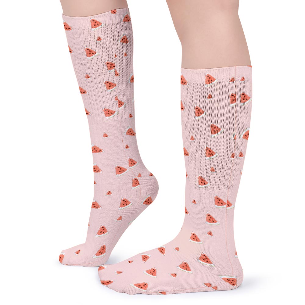 Pink breathable stockings with red heart pattern, comfortable everyday wear, soft chemical fiber material.