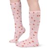 Pink breathable stockings with red heart pattern, comfortable everyday wear, soft chemical fiber material.