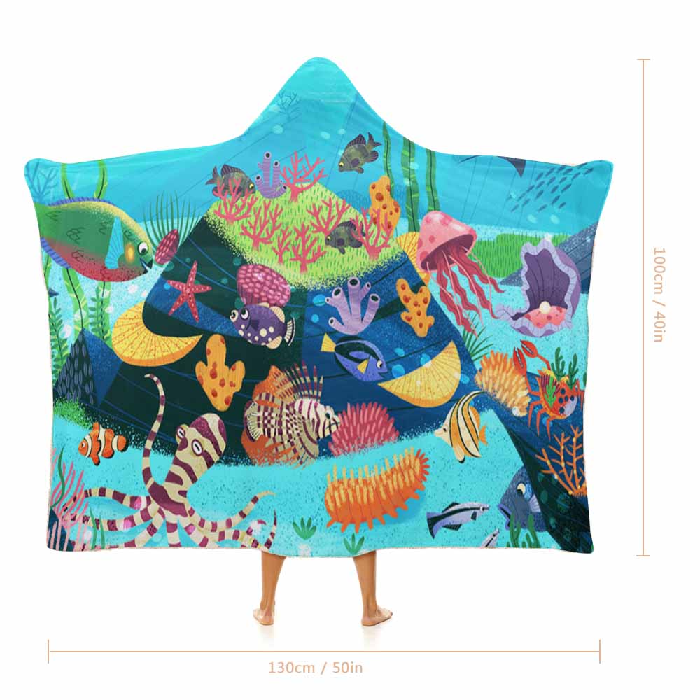 Cloak Hooded Blanket: Underwater scene with coral, fish and jellyfish, perfect for cozy lounging and warm