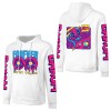 White cotton hooded sweater with 'FOREVER 99' donut graphic and LIQUID sleeve prints, fashion style.