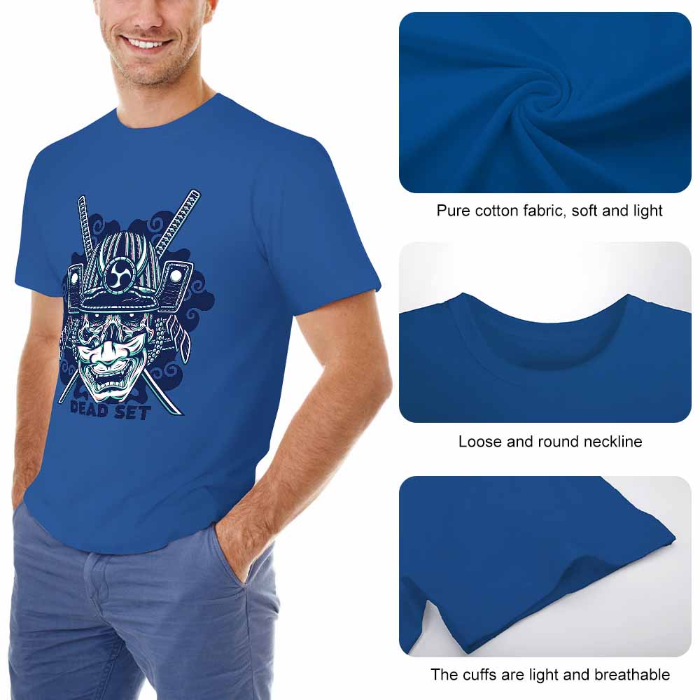 Blue cotton men's samurai skull T-shirt, soft fabric and breathable, for leisure.