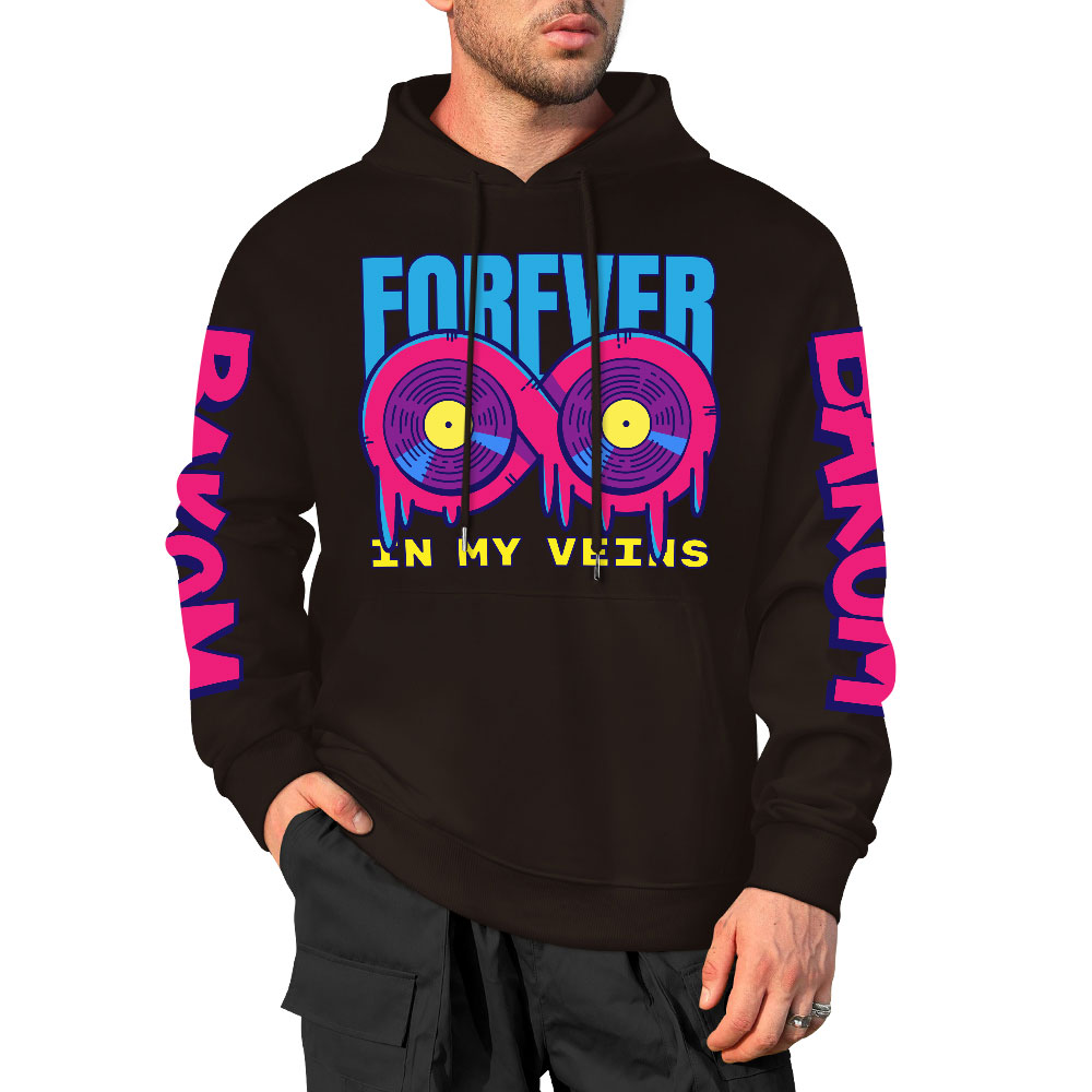 Black cotton hooded sweater with FOREVER 99 donut graphic and sleeve prints, youth fashion style