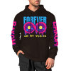 Black cotton hooded sweater with FOREVER 99 donut graphic and sleeve prints, youth fashion style